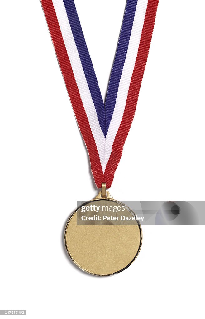 A medal on a striped ribbon, on a white background