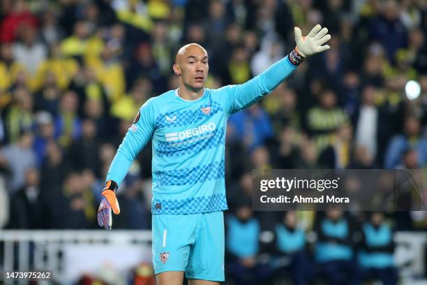 Marko Dmitrovic of Sevilla FC reacts during the UEFA Europa League round of 16 leg two match between Fenerbahce and Sevilla FC at Ulker Sukru...