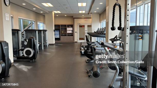 Fitness center with multiple Life Cycle brand fitness machines, Austin, Texas, March 9, 2023.