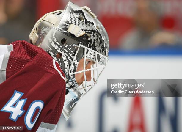 Alexandar Georgiev of the Colorado Avalanche waits for play to start against the Toronto Maple Leafs in an NHL game at Scotiabank Arena on March 15,...