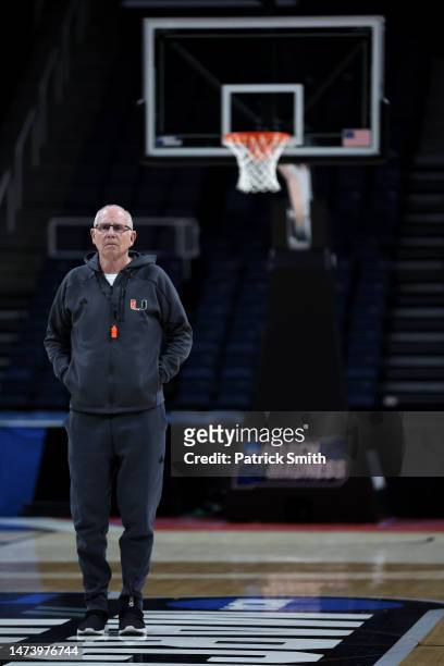 Head coach Jim Larranaga of the Miami Hurricanes looks during a practice session ahead of the first round of the NCAA Men’s Basketball Tournament at...