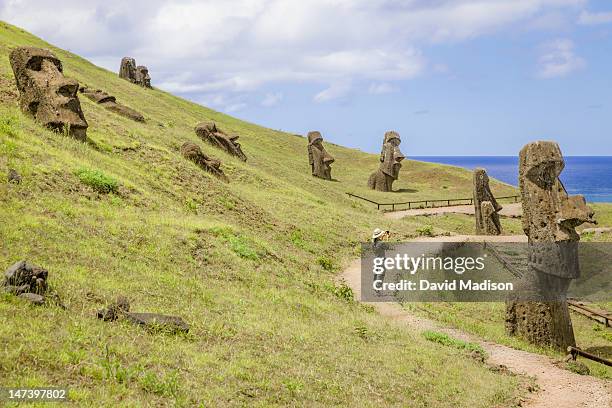 woman photographing moai statues. - rano raraku stock pictures, royalty-free photos & images
