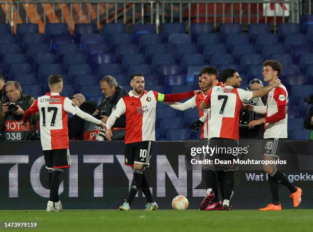 Orkun Kokcu of Feyenoord celebrates after scoring the team's third goal from a penalty kick during the UEFA Europa League round of 16 leg two match...