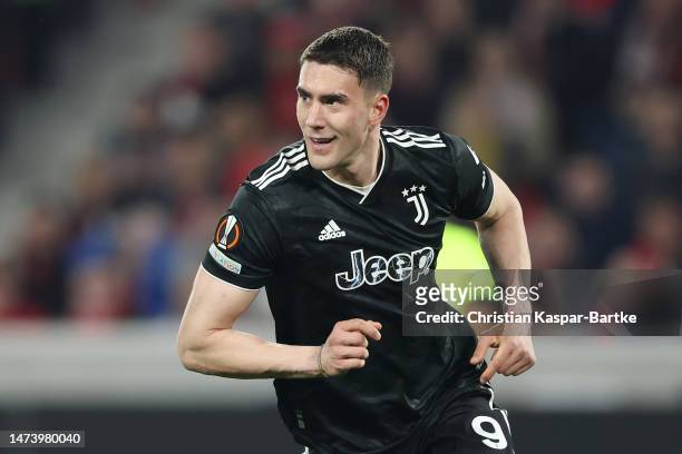 Dusan Vlahovic of Juventus celebrates scoring the side's first goal from the penalty spot during the UEFA Europa League round of 16 leg two match...