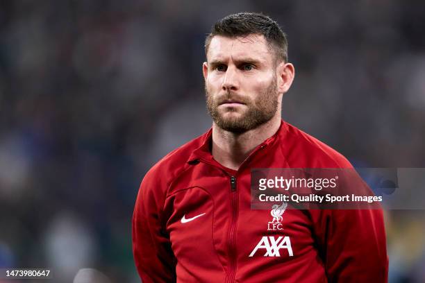 James Milner of Liverpool FC looks on prior the UEFA Champions League round of 16 leg two match between Real Madrid and Liverpool FC at Estadio...
