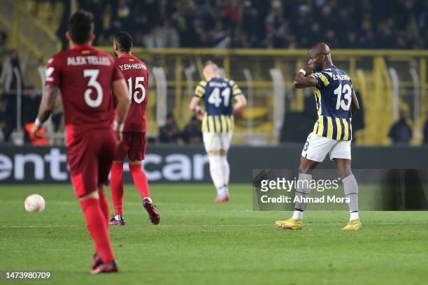 Enner Valencia of Fenerbahce celebrates after scoring the team's first goal from a penalty kick during the UEFA Europa League round of 16 leg two...