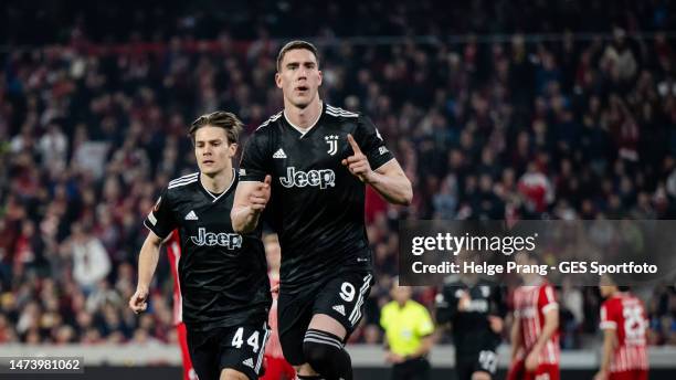 Dusan Vlahovic of Turin celebrates after scoring his team's first goal during the UEFA Europa League round of 16 leg two match between Sport-Club...