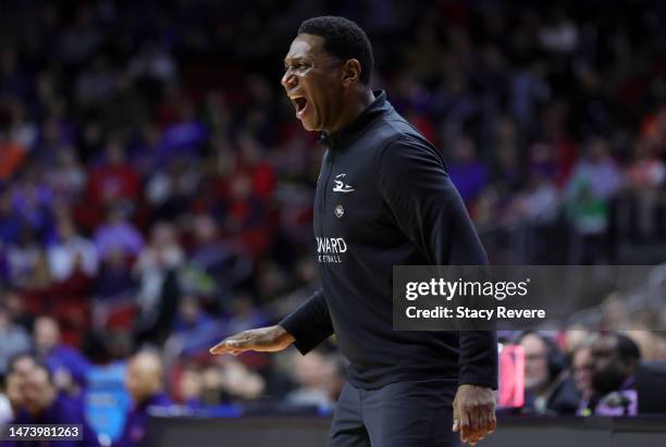 Head Coach Kenny Blakeney of the Howard Bison reacts against Kansas Jayhawks during the first half in the first round of the NCAA Men's Basketball...