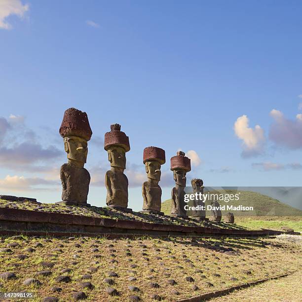 moai statues ahu nau nau at anakena. - 101628 stock pictures, royalty-free photos & images