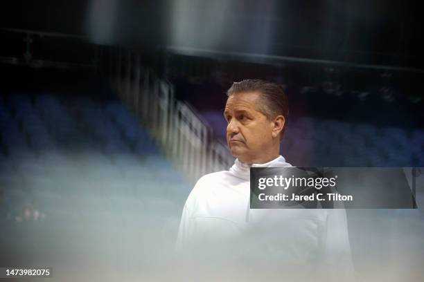 Head coach John Calipari of the Kentucky Wildcats looks on during a practice session ahead of the first round of the NCAA Men's Basketball Tournament...