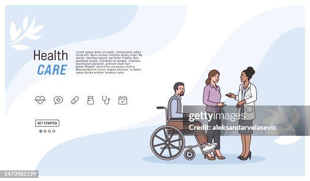 ilustraciones, imágenes clip art, dibujos animados e iconos de stock de hombre mayor en silla de ruedas hablando con una doctora - residencia de ancianos