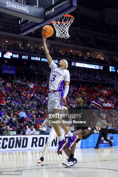 Dajuan Harris Jr. #3 of the Kansas Jayhawks scores a lay up against Howard Bison during the first half in the first round of the NCAA Men's...