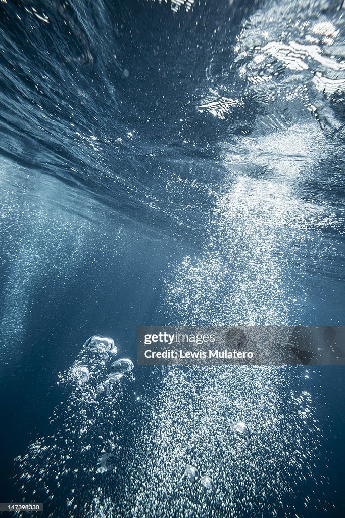 Underwater bubbles rising to ocean sea surface