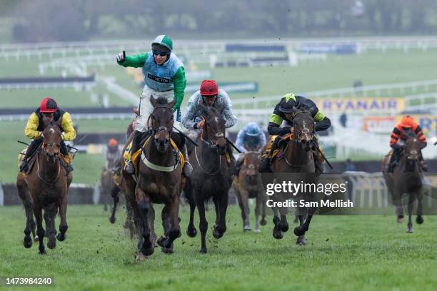 Jockey, Gavin Sheehan on You Wear It Well competes in The Jack de Bromhead Mares Novices Hurdle during day three of the Cheltenham Festival 2023 at...