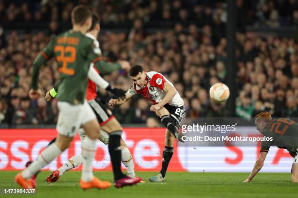 Oussama Idrissi of Feyenoord scores the team's fourth goal during the UEFA Europa League round of 16 leg two match between Feyenoord and Shakhtar...