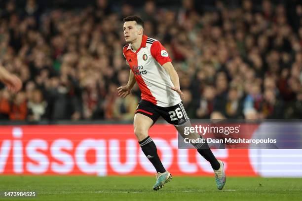 Oussama Idrissi of Feyenoord celebrates after scoring the team's fourth goal during the UEFA Europa League round of 16 leg two match between...