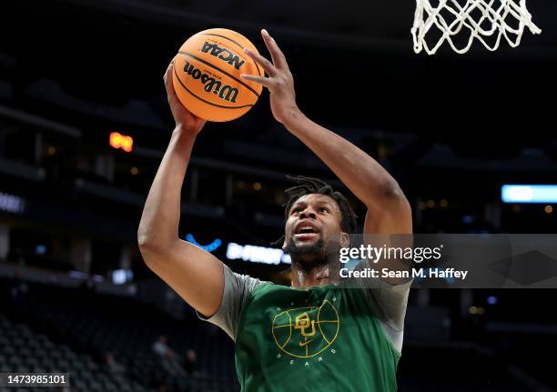 Flo Thamba of the Baylor Bears works out during a practice session ahead of the first round of the NCAA Men’s Basketball Tournament at Ball Arena on...