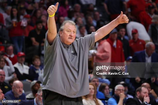 Head coach Bob Huggins of the West Virginia Mountaineers reacts during the second half against the Maryland Terrapins in the first round of the NCAA...