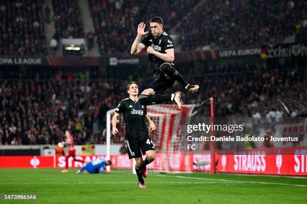 Dusan Vlahovic of Juventus celebrates after scoring his team's first goal during the UEFA Europa League round of 16 leg two match between Sport-Club...