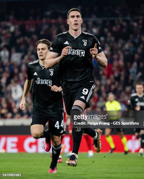 Dusan Vlahovic of Turin celebrates after scoring his team's first goal during the UEFA Europa League round of 16 leg two match between Sport-Club...