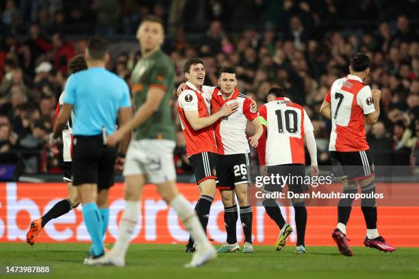 Oussama Idrissi of Feyenoord celebrates with team mates after scoring the team's fifth goal during the UEFA Europa League round of 16 leg two match...