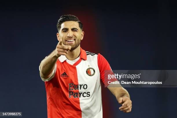 Alireza Jahanbakhsh of Feyenoord celebrates after scoring the team's sixth goal during the UEFA Europa League round of 16 leg two match between...