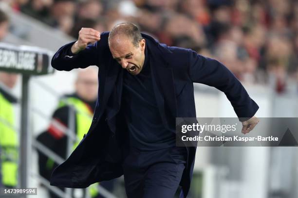 Massimiliano Allegri, Manager of Juventus, reacts in frustration during the UEFA Europa League round of 16 leg two match between Sport-Club Freiburg...