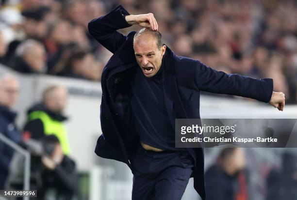 Massimiliano Allegri, Manager of Juventus, reacts in frustration during the UEFA Europa League round of 16 leg two match between Sport-Club Freiburg...
