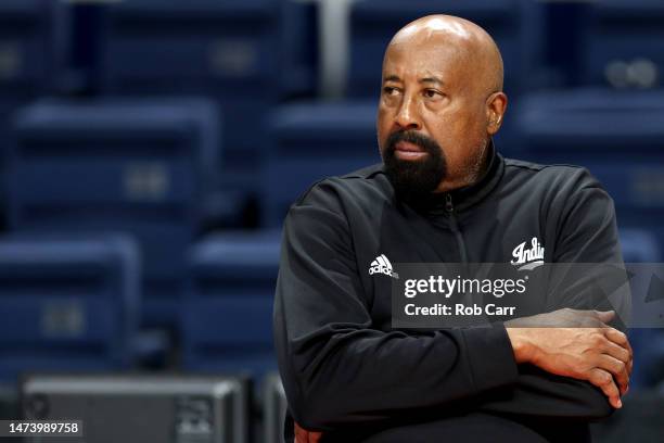 Head coach Mike Woodson of the Indiana Hoosiers watches practice ahead of the first round of the NCAA Men’s Basketball Tournament at MVP Arena on...