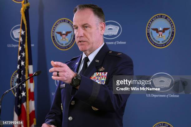 Pentagon spokesman Air Force Brig. Gen. Patrick Ryder answers questions during a briefing at the Pentagon March 16, 2023 in Arlington, Virginia....