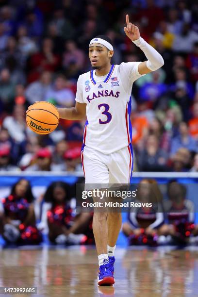 Dajuan Harris Jr. #3 of the Kansas Jayhawks dribbles with the ball during the second half in the first round of the NCAA Men's Basketball Tournament...