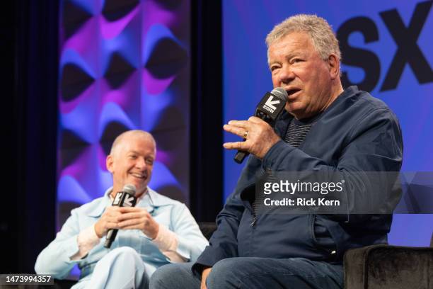 Keynote session speaker William Shatner speaks onstage with Tim League during the 2023 SXSW Conference And Festival at the Austin Convention Center...