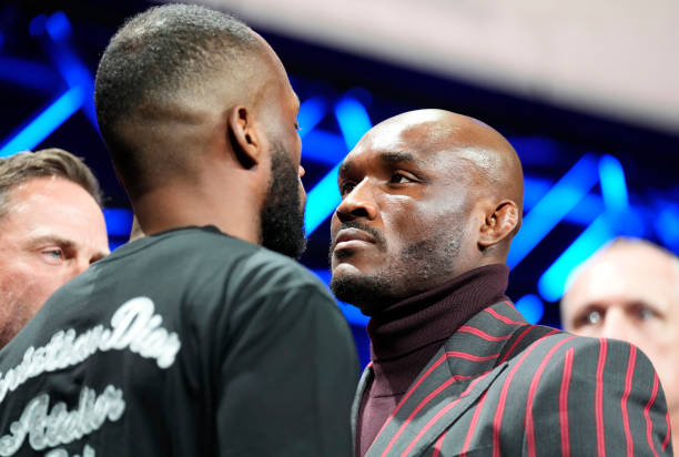 Opponents Leon Edwards of Jamaica and Kamaru Usman of Nigeria face off during the UFC 286 press conference at Magazine London on March 16, 2023 in...