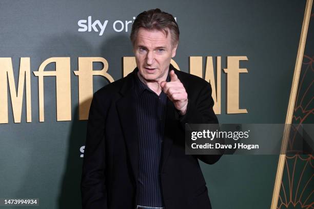 Liam Neeson arrives at the UK premiere of "Marlowe" at Vue West End on March 16, 2023 in London, England.