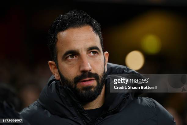 Ruben Amorim, Manager of Sporting CP, looks on prior to the UEFA Europa League round of 16 leg two match between Arsenal FC and Sporting CP at...