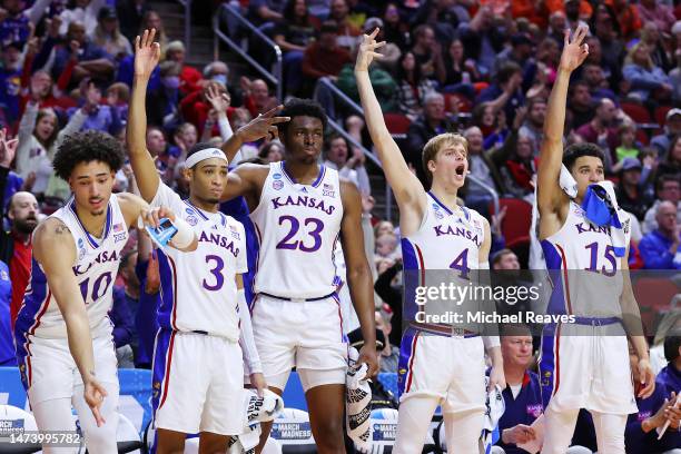 Players of Kansas Jayhawks celebrate against the Howard Bison during the second half in the first round of the NCAA Men's Basketball Tournament at...