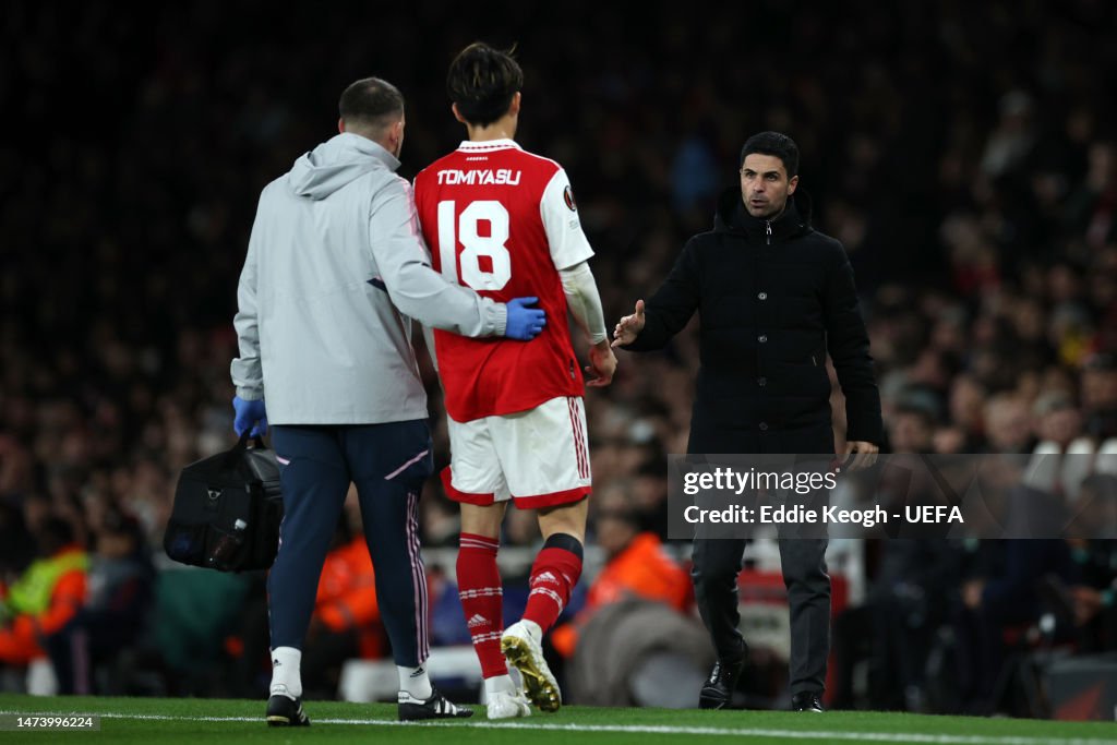 Mikel Arteta, Manager of Arsenal, looks on as Takehiro Tomiyasu of... News  Photo - Getty Images