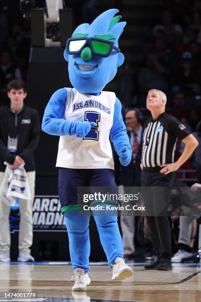 The Texas A&M-CC Islanders mascot performs during the first half against the Alabama Crimson Tide in the first round of the NCAA Men's Basketball...