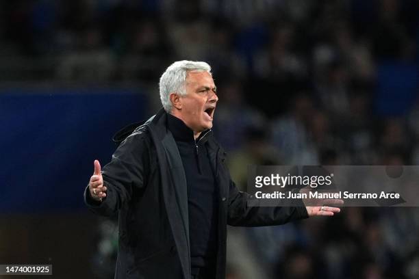 Jose Mourinho, Head Coach of AS Roma, reacts during the UEFA Europa League round of 16 leg two match between Real Sociedad and AS Roma at Reale Arena...
