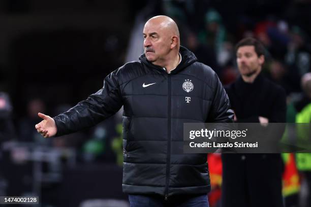 Stanislav Cherchesov, Head Coach of Ferencvarosi TC, reacts during the UEFA Europa League round of 16 leg two match between Ferencvarosi TC and Bayer...