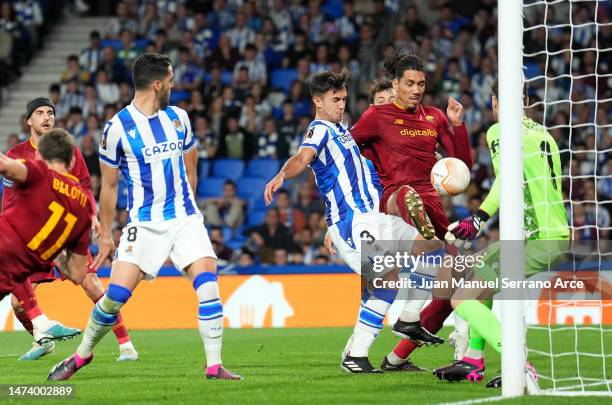 Chris Smalling of Roma scores the teams first goal which is later disallowed by VAR for a handball during the UEFA Europa League round of 16 leg two...