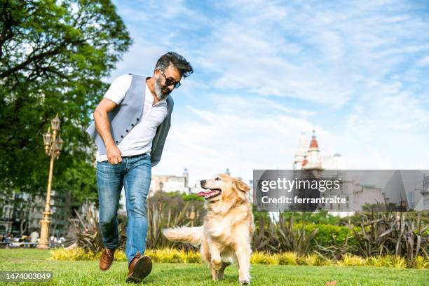 mature man training golden retriever - dog chasing man stock pictures, royalty-free photos & images