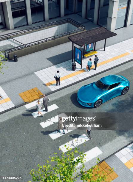 people use a zebra crossing and car waits for them to cross - self driving car stock pictures, royalty-free photos & images