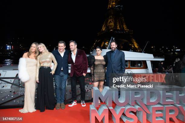 Jennifer Aniston, Melanie Laurent, Dany Boon, Jeremy Garelick, Kuhoo Verma and Adam Sandler attend the "Murder Mystery 2" photocall at Pont Debilly...