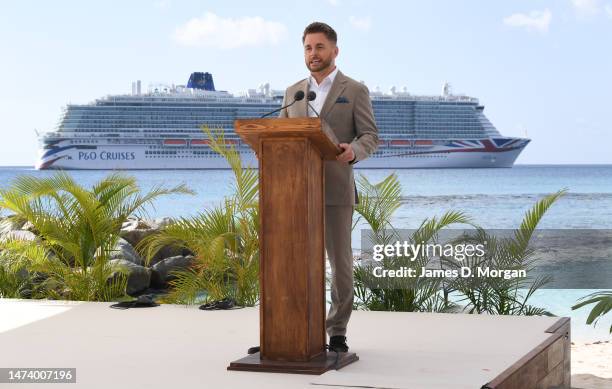Cruises President Paul Ludlow speaking at the naming ceremony of P&O Cruises newest ship Arvia at Heywoods Beach on March 16, 2023 in Bridgetown,...