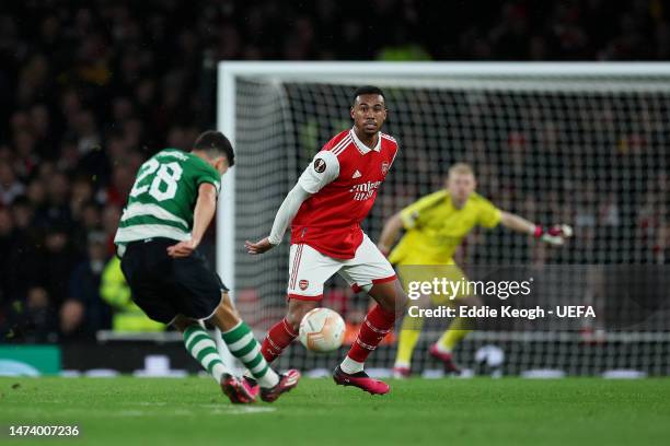 Gabriel of Arsenal looks on as Pedro Goncalves of Sporting CP scores the team's first goal during the UEFA Europa League round of 16 leg two match...