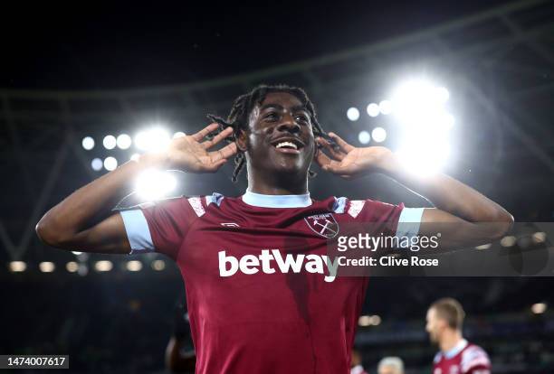 Divin Mubama of West Ham United celebrates after scoring the team's fourth goal during the UEFA Europa Conference League round of 16 leg two match...