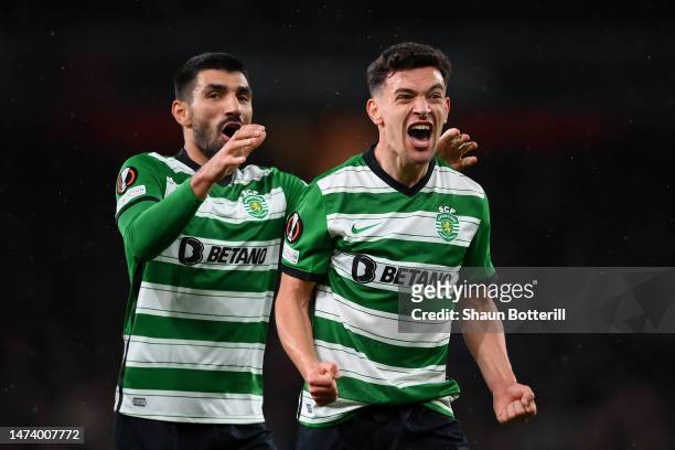 Pedro Goncalves of Sporting CP celebrates with Ricardo Esgaio after scoring the team's first goal during the UEFA Europa League round of 16 leg two...