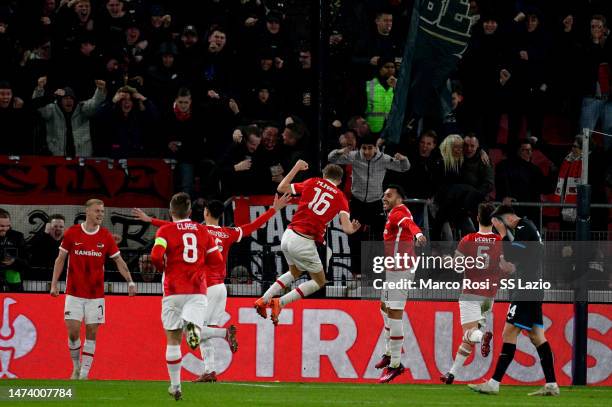 Vangelis Pavlidis of AZ Alkmaar celebrates a second goal with his team mates during the UEFA Europa Conference League round of 16 leg two match...