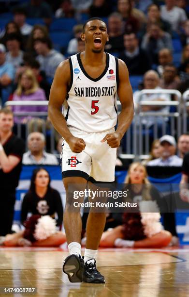 Lamont Butler of the San Diego State Aztecs celebrates against the Charleston Cougars during the second half in the first round of the NCAA Men's...